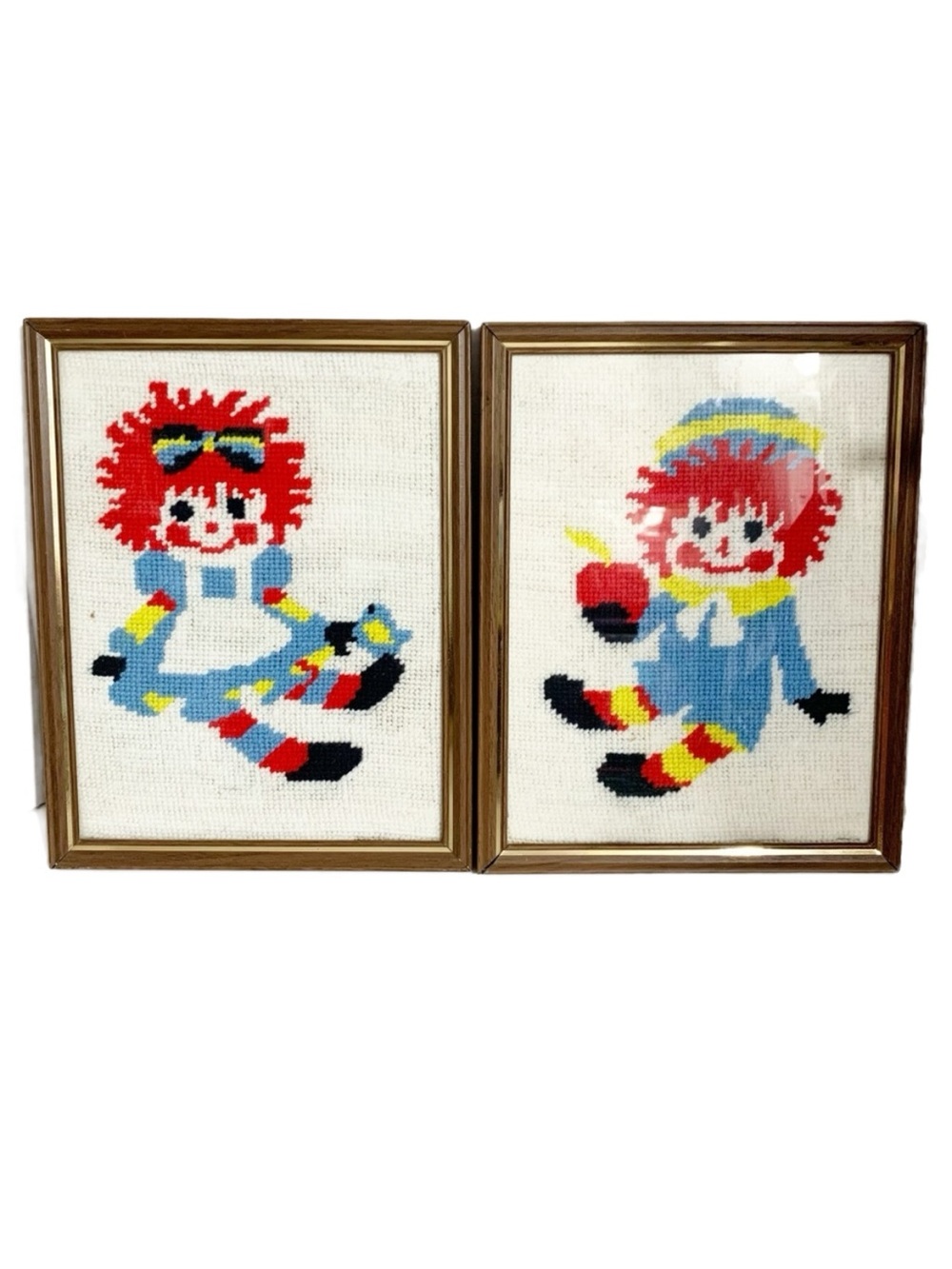 Vintage Handcrafted Set of Two Framed Raggedy Ann Andy Embroidered Walk Hangings
